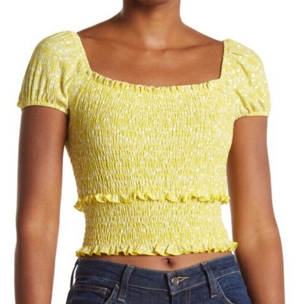 LUSH Yellow Print Puff Sleeve Smocked Crop Top size XL - Picture 1 of 7